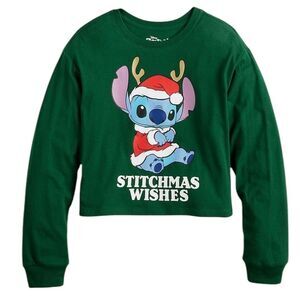 Disney Stitch Graphic T-Shirt Top Christmas Stitchmas Wishes Green L 10 12 NWT